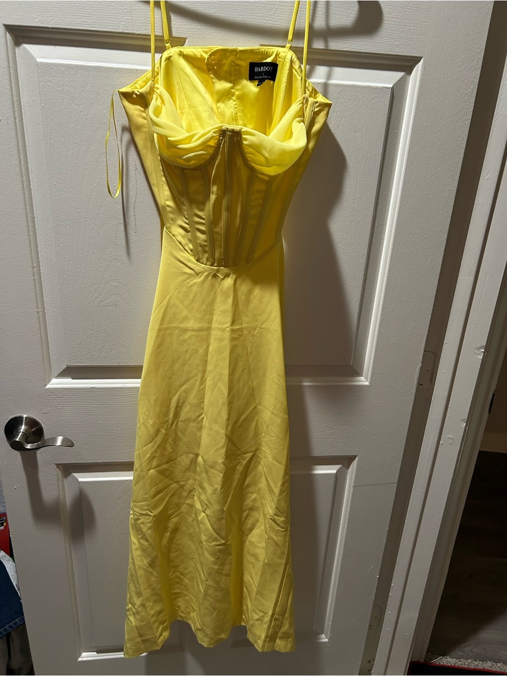 Bardot Martini Corset Midi Satin Dress in Limoncello Size Small/4